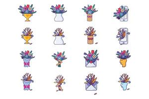 Set of flower bouquets in stroked cartoon style vector