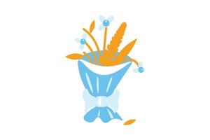 Bouquet of autumnal flowers wrapped in paper in solid cartoon style vector