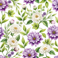White and purple flowers seamless pattern design. The flowers are arranged in a repeating pattern, and the image has a watercolor aesthetic. png
