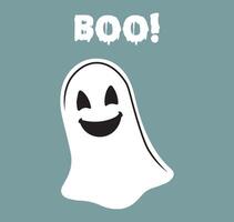 Flying spooky ghost character saying BOO with space for text, minimal flat illustration on a slate blue background vector
