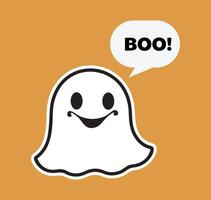 Adorable ghost character with a speech bubble on an orange background. Includes the text Boo Perfect for greeting cards. Flat design minimal illustration. vector
