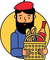 Man in a beret with a basket of baguettes and a bottle of red wine for a picnic cartoon illustration vector