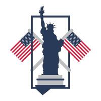 Statue of Liberty silhouette and flags in rectangle speech bubble for USA patriotic holiday and event vector