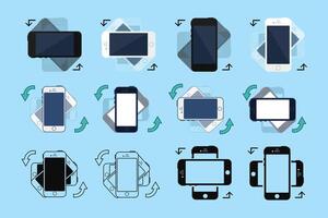 Rotate Your Phone guidance set in a flat, solid, and outline styles vector