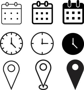 Date, time, notification icons set. Clock pin map web icon sign. bell alarm icon vector
