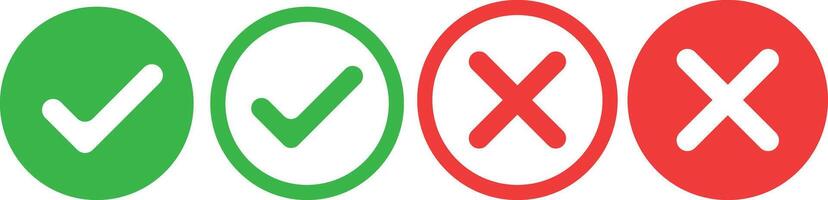 Checkmark crossmark icon set. Green check mark icon and red cross mark icon set. Check mark with right and wrong sign. Tick and cross icon set. Green check button and red wrong button. vector