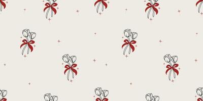 Tulips and Red Ribbon Coquette Seamless Pattern vector