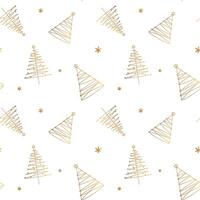 Simple minimalistic pattern with gold christmas trees and snowflakes. Christmas seamless background vector