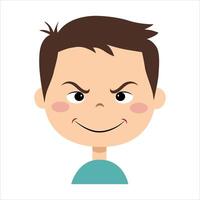 The boy is cunning. Boy face with emotion of conspiracy. Face expression. vector