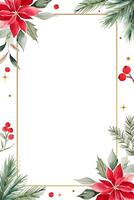 Christmas frame with watercolor fir branches, christmas flower and place for text. Xmas botanical card. vector