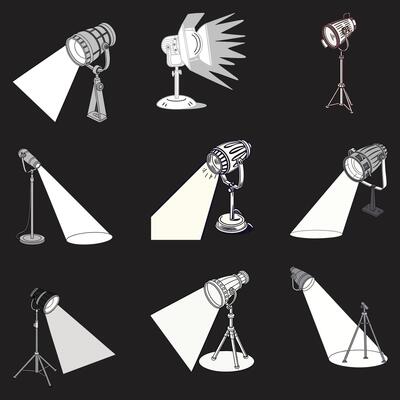 Various types of lighting equipment on a black background