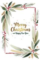 Christmas card with fir branches, watercolor splashes and golden text. Xmas frame. Winter background vector