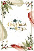 Watercolor christmas card with fir branches, splashes and golden text. Xmas frame. Pastel winter background vector