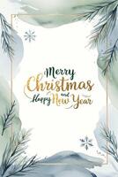 Christmas card with fir branches, watercolor splashes and golden text. Xmas frame. Pastel winter background vector