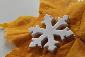 Close Up Stock Image Of Artificial Snowflake On Dry Maple Leaf. Signs Of Different Seasons photo