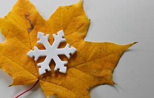Flat 3D Printed Snowflake Lies On An Autumn Fallen Leaf. Winter Against Autumn Concept Image photo