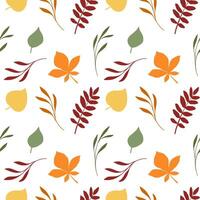 autumn primitive green yellow red seamless pattern of different leaves, rowan berry, oak, chestnut, linden, birch, bright foliage botanical fall illustration, floral design, September, October vector