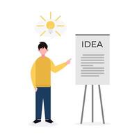 Illustration of a professional presenting ideas on a flip chart, with light bulbs representing creativity. Perfect for themes of business, innovation, teamwork, and brainstorming. vector