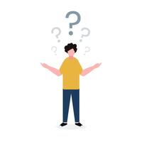Illustration of a man surrounded by question marks, expressing confusion or uncertainty. Ideal for concepts like doubt, decision-making, or problem-solving in business and personal vector