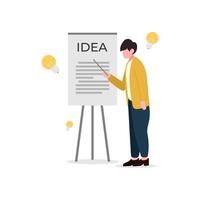 Illustration of a professional presenting ideas on a flip chart, with light bulbs symbolizing creativity. Ideal for business, innovation, teamwork, and brainstorming concepts vector