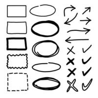 Set of hand drawn elements for selecting text.Hand drawn frames, circle and arrows on white background. vector