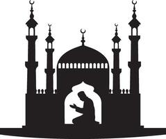 Silhouette of a man praying in front of a mosque vector