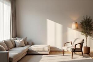 A living room with a couch, chair and lamp photo