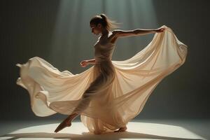 A woman in a long dress is dancing in the light photo