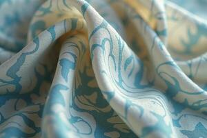 A close up of a blue and white fabric photo
