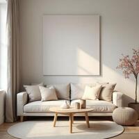 A living room with a white couch and a large blank canvas photo
