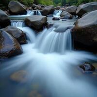 A river flowing over rocks in a forest photo