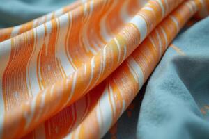 A close up of a blue and orange striped fabric photo
