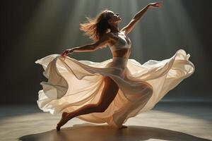 Dancer in white dress dancing in the light photo