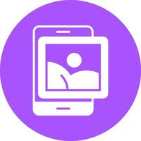 A purple circle with a phone and a camera icon vector
