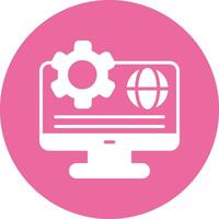 A pink computer with gears and a globe icon vector