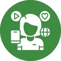 A green circle with a woman holding a phone and a globe vector