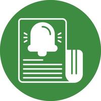 A green and white icon of a paper document with a bell on it vector