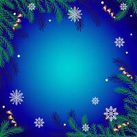 blue Christmas background with fir branches, snowflakes and ribbons. vector