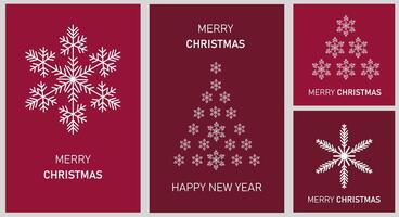 Four christmas cards with snowflakes on red background vector