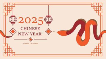 Chinese New Year 2025 modern art design set in red, gold and white colors for cover, card, poster, banner. Hieroglyphics mean Happy New Year and symbol of the Snake lunar new year vector