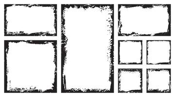 Collection of rectangular ink grunge frames, borders set. Squared hand drawn box for text with torn, damaged edges vector