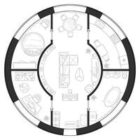Plan of a round house with furniture layout. Interior drawing in black and white, top view. Architectural set of standard symbols for apartment and house projects vector