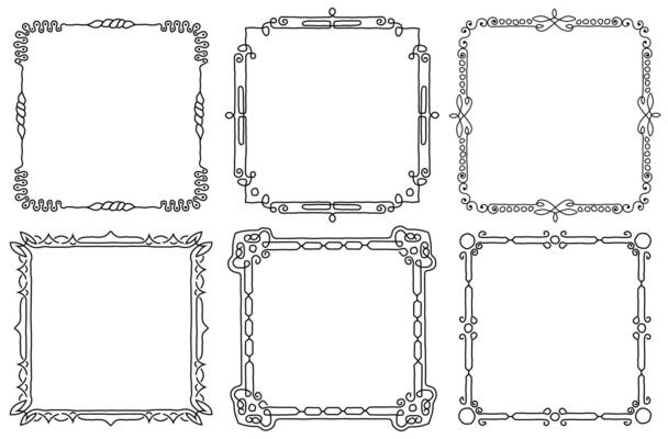 Set of decorative vintage frames. Hand-drawn doodle background