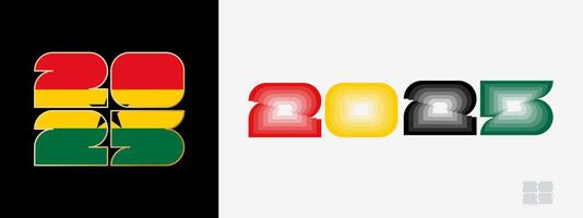 Year 2025 with flag of Ghana and in color palate of Ghana flag. Happy New Year 2025 in two different style. vector