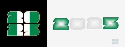 Year 2025 with flag of Nigeria and in color palate of Nigeria flag. Happy New Year 2025 in two different style. vector