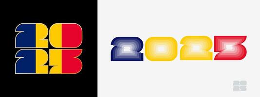 Year 2025 with flag of Chad and in color palate of Chad flag. Happy New Year 2025 in two different style. vector