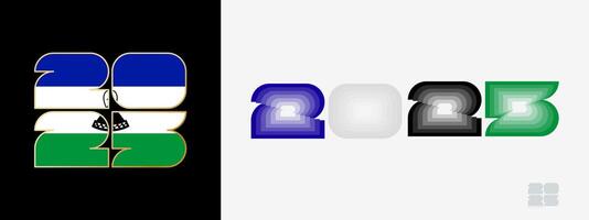 Year 2025 with flag of Lesotho and in color palate of Lesotho flag. Happy New Year 2025 in two different style. vector