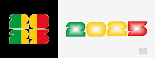 Year 2025 with flag of Mali and in color palate of Mali flag. Happy New Year 2025 in two different style. vector