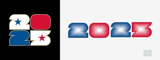 Year 2025 with flag of Panama and in color palate of Panama flag. Happy New Year 2025 in two different style. vector