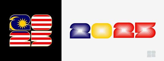 Year 2025 with flag of Malaysia and in color palate of Malaysia flag. Happy New Year 2025 in two different style. vector